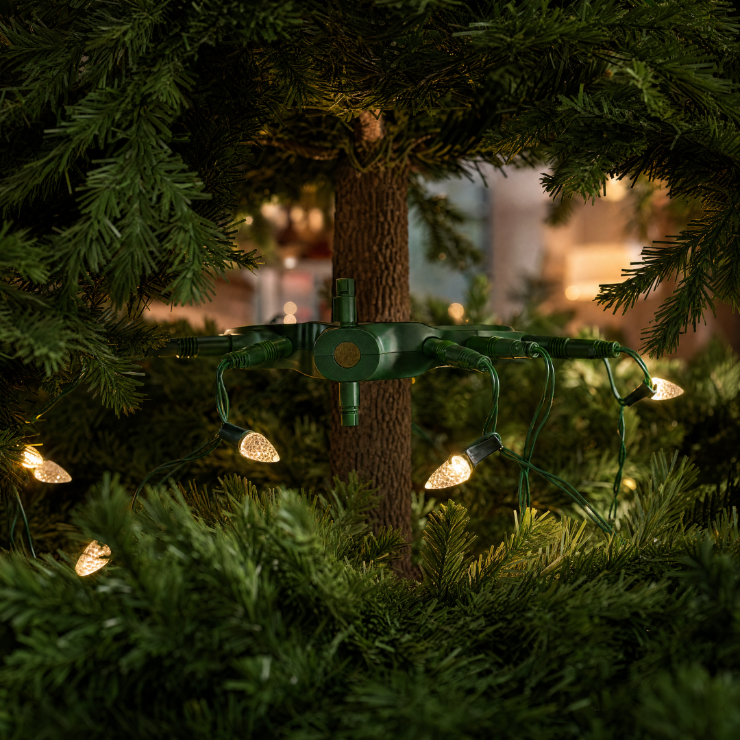 RingTree ring fitted around a Christmas tree trunk with light strands