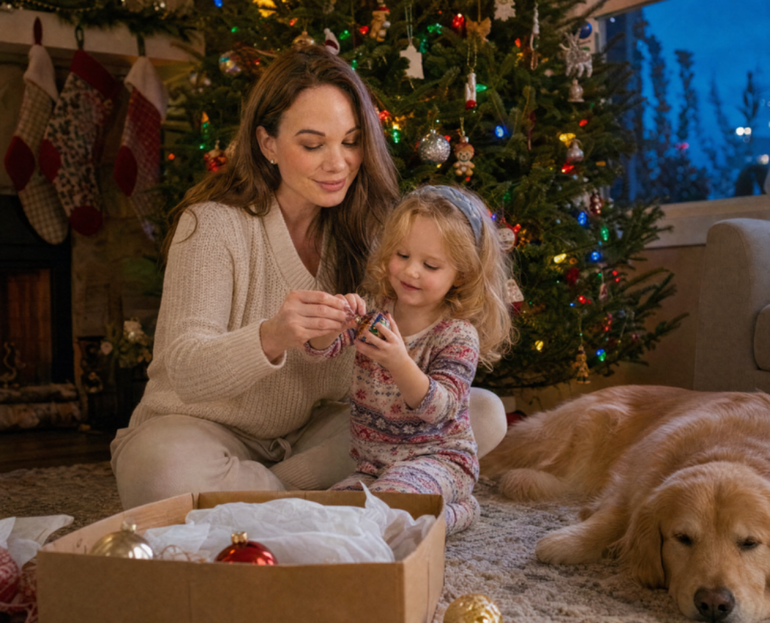Family decorating Christmas tree